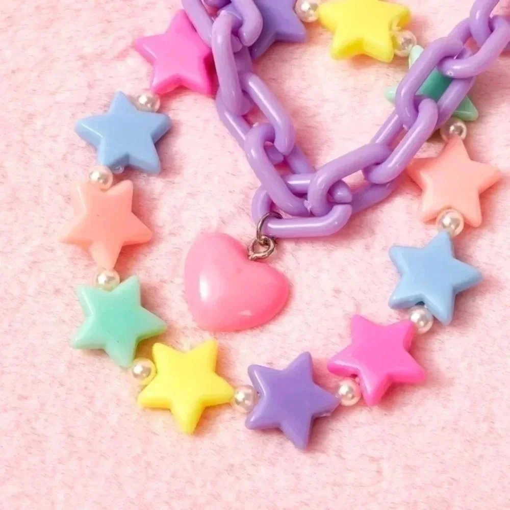 Three piece pastel purple rainbow color graphic Star girls bracelet set jewelry